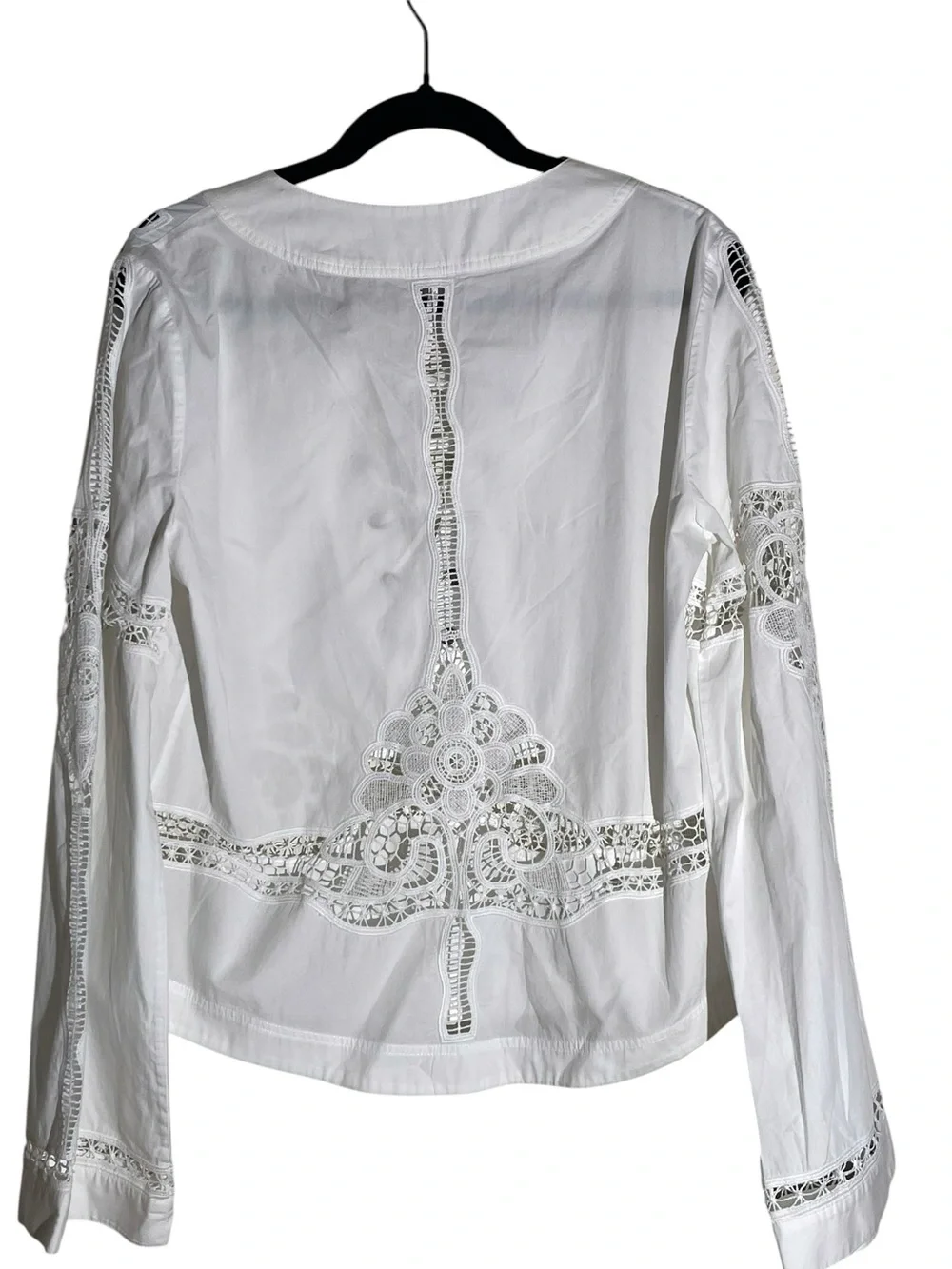 FREE PEOPLE Bittersweet Lace Up Poplin Cotton Top Blouse Crochet Lace Sz M Boho